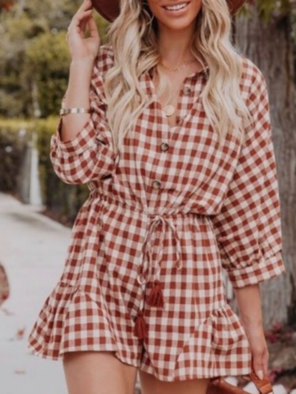 Aakaa Rust and White Gingham Romper